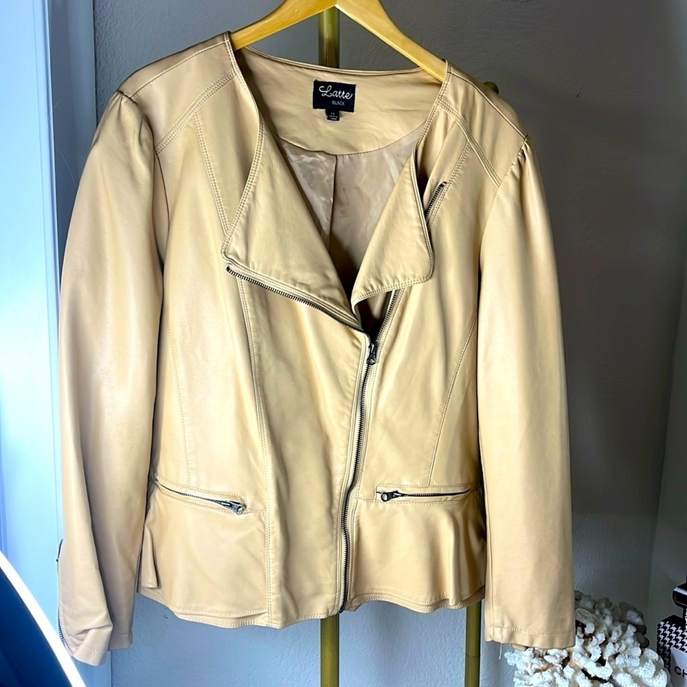 VEGAN LEATHER RUFFLED PEPLUM CAMEL COLORED MOTO STYLE JACKET